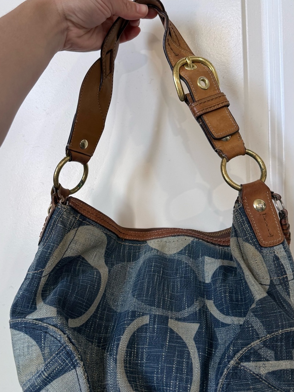 Coach Denim Signature Canvas Shoulder Bag with Brown Leather Trim - Picture 3 of 15